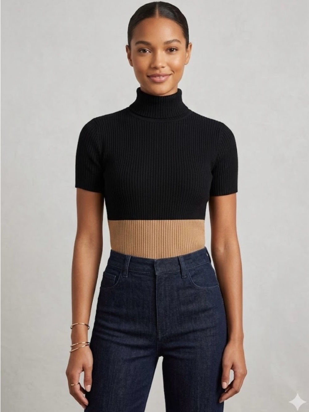 100% wool merino PAULE KA Black Ribbed Turtleneck Crop Top with Camel Band 763